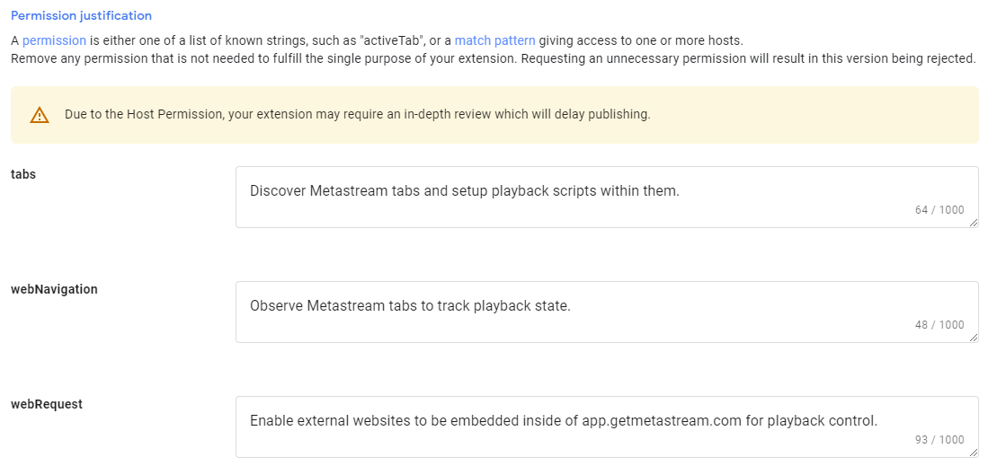 Chrome Web Store permission justifications listed for each API requested.